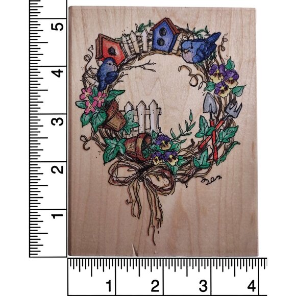 Decorative Birdhouse Wreath Wood Rubber Stamp By Stampendous Made In USA - Picture 3 of 6